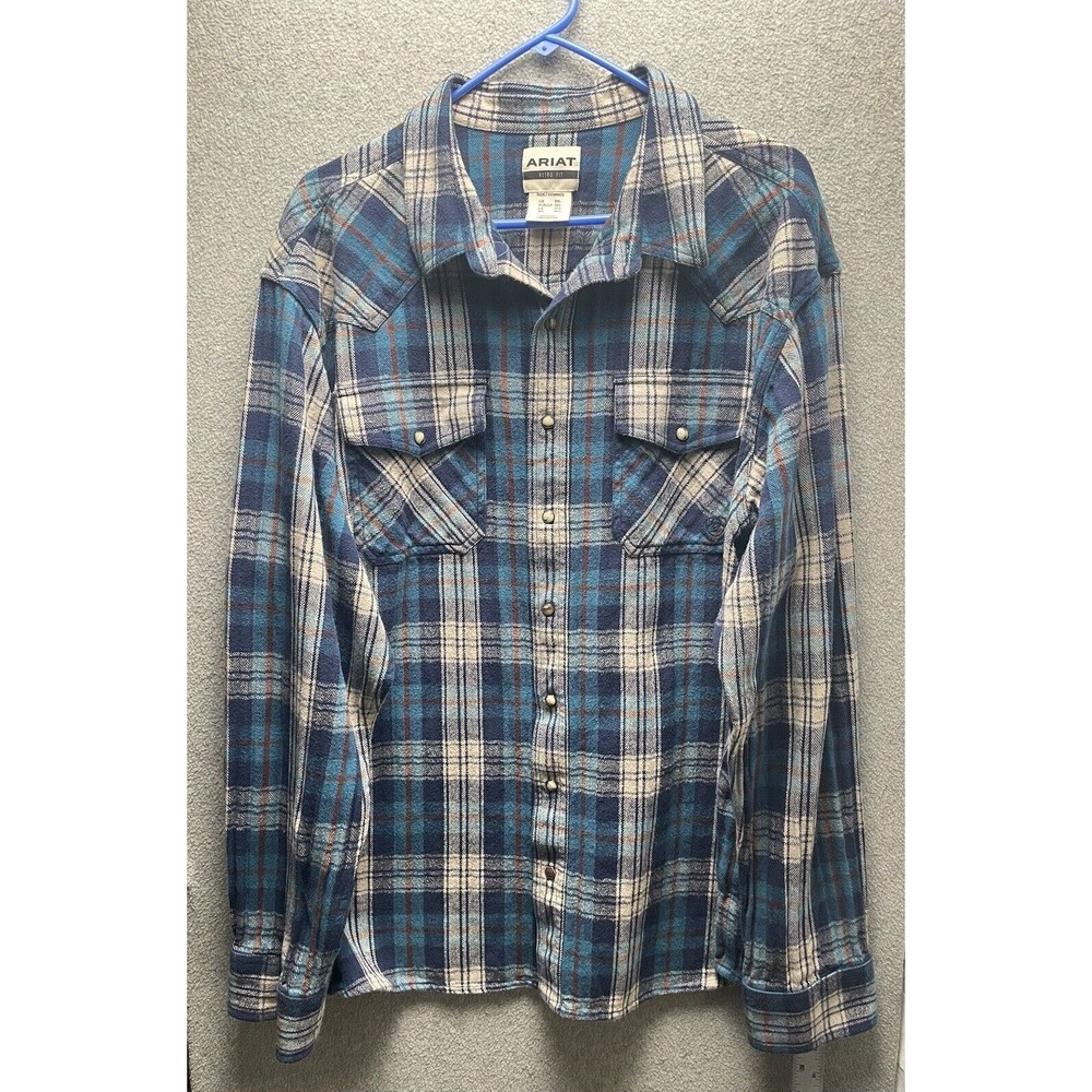 Ariat Flannel Shirt Mens 3X Teal Navy Plaid Retro Fit Long Sleeve Button Down